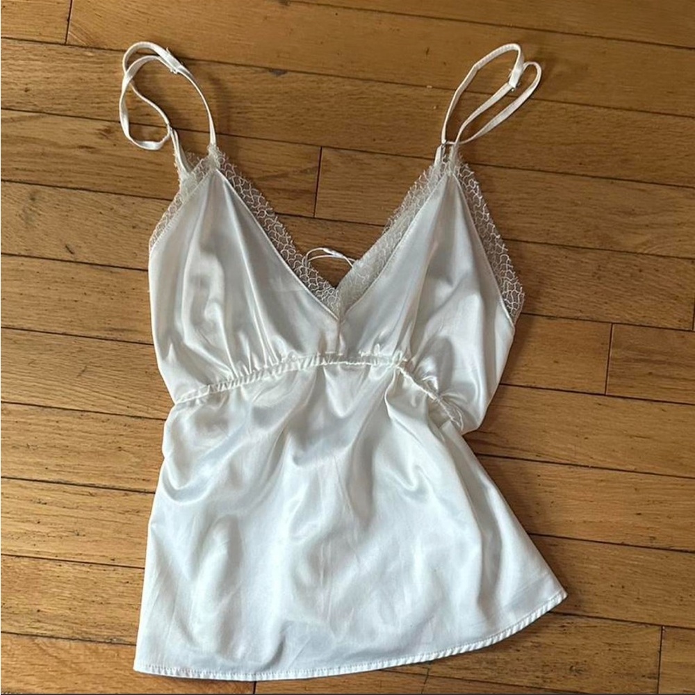 Women's Lace Trim Satin Cami Tank Top - White